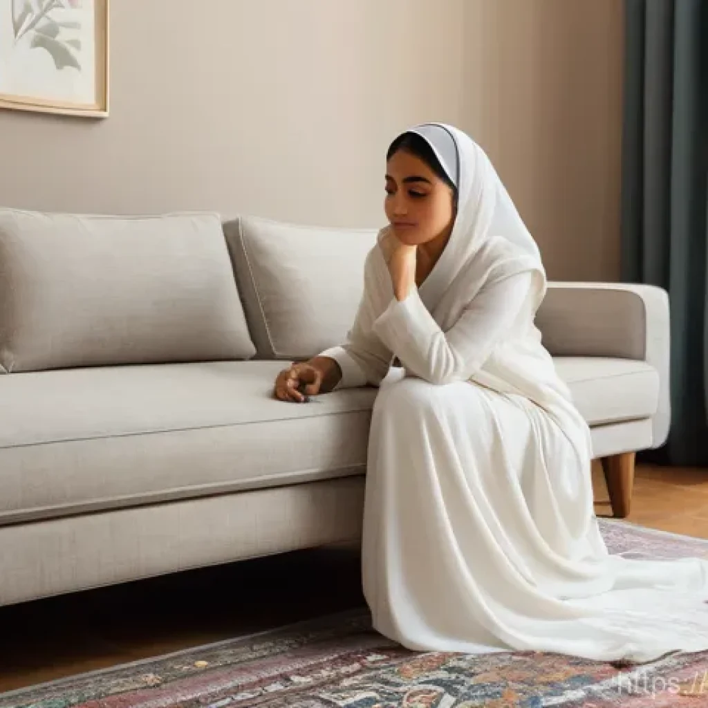 어지럼증을 줄이는 생활 관리 팁 - **Prompt: A serene and thoughtfully composed indoor scene. A young to middle-aged Arab woman, dresse...