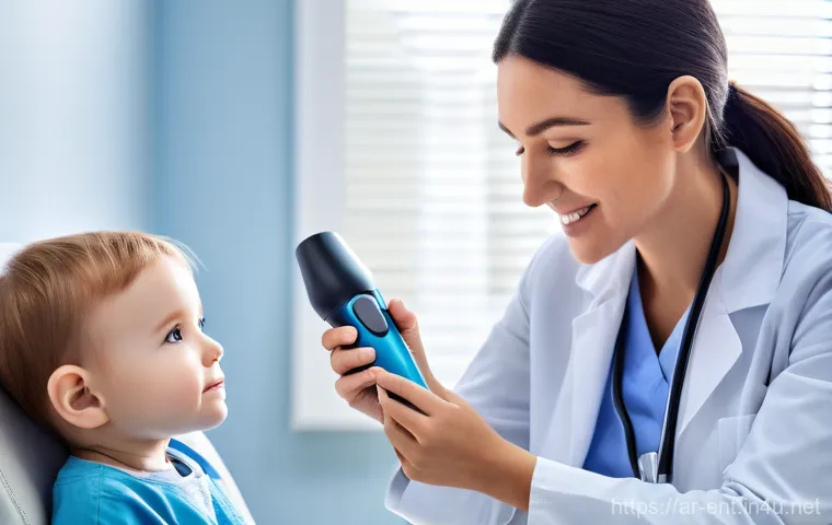 중이염 치료 병원 선택 기준 - **Prompt:** A compassionate female ENT doctor, wearing a clean white lab coat and a gentle smile, us...