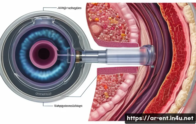코 내시경 검사의 진단 가능 질환 - A detailed medical illustration showing a flexible, lightweight colonoscopy tube with a high-resolut...
