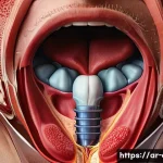 편도선염과 후두염 차이점 - A detailed medical illustration showing the anatomy of the human throat focusing on the tonsils and ...