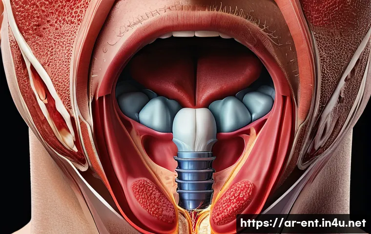 편도선염과 후두염 차이점 - A detailed medical illustration showing the anatomy of the human throat focusing on the tonsils and ...
