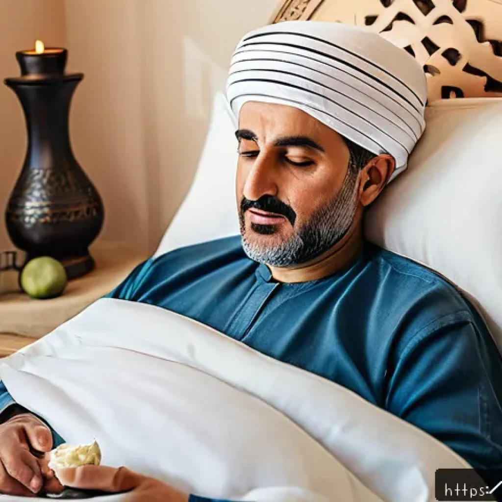편도 절제술 후 생활 관리법 - A serene Arabic home setting showing a middle-aged Arabic man resting peacefully in bed after tonsil...