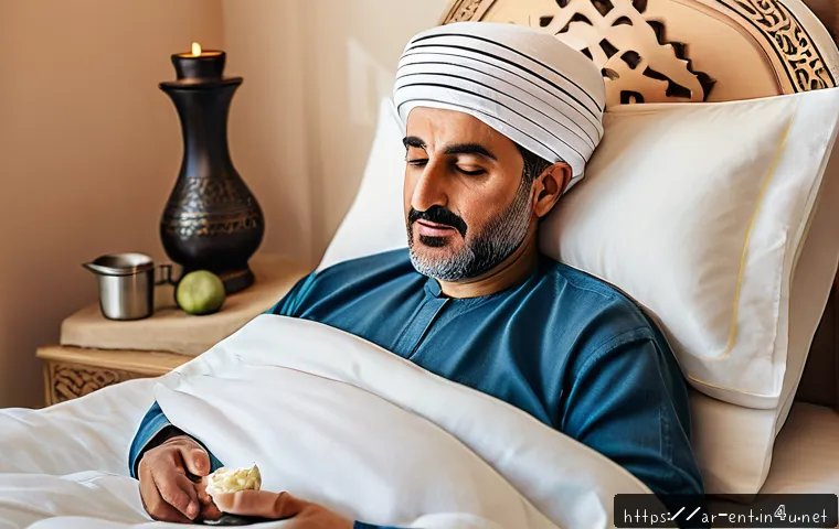 편도 절제술 후 생활 관리법 - A serene Arabic home setting showing a middle-aged Arabic man resting peacefully in bed after tonsil...