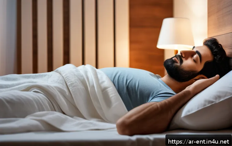 수면 무호흡증과 코골이의 관계 - A peaceful Middle Eastern bedroom scene at night showing a man sleeping on his side with a supportiv...