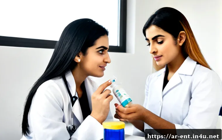 비염 치료를 위한 약물 요법과 효과 - Photorealistic Arab female doctor in a modest white coat calmly explaining allergic rhinitis medicat...