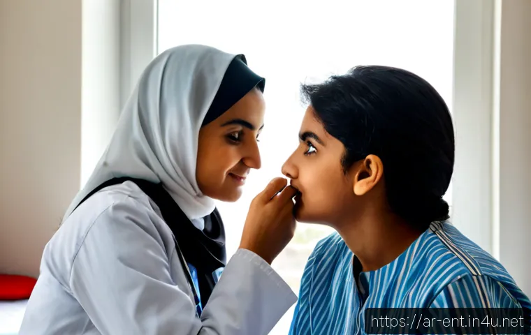어린이 비염 진단과 약물 사용법 - Photorealistic pediatric clinic scene in an Arab city, caring female doctor in modest professional a...