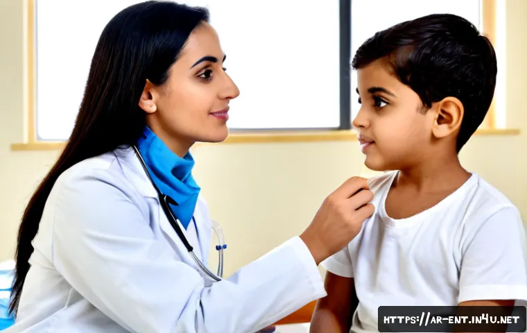 소아 편도 비대와 수술 적정 연령 - Photorealistic pediatric clinic consultation in a modern Middle Eastern hospital, caring Arab pediat...