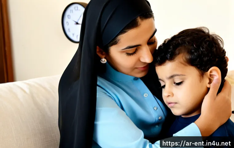 중이염 발생 후 병원 방문 시기 - Photorealistic Arab mother in modest clothing gently comforting her fully clothed young child who is...
